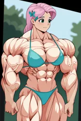 Size: 512x768 | Tagged: suggestive, derpibooru import, fluttershy, human, abs, ai content, biceps, bikini, bodybuilder, breasts, buff breasts, busty fluttershy, clothes, deltoids, female, humanized, image, jpeg, muscles, muscleshy, muscular female, overdeveloped muscles, pecs, solo, solo female, swimsuit, thighs, thunder thighs