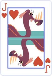 Size: 2000x2936 | Tagged: safe, artist:parclytaxel, derpibooru import, tri-horned bunyip, series:parcly's pony pattern playing cards, female, image, jack of hearts, lineless, playing card, png, rotational symmetry, solo, vector, water