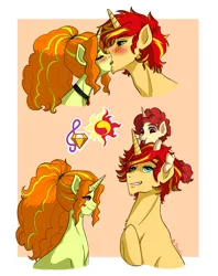 Size: 3314x4178 | Tagged: safe, artist:daazzlin, derpibooru import, adagio dazzle, sunset shimmer, oc, oc:fire heart, ponified, half-siren, hybrid, pony, unicorn, adagiglare, blushing, colt, equestria girls ponified, female, foal, half r63 shipping, image, kiss on the lips, kissing, lesbian, looking up, magical lesbian spawn, male, mare, offspring, parent:adagio dazzle, parent:sunset glare, parent:sunset shimmer, parents:adagiglare, parents:sunsagio, passepartout, png, pony hat, rule 63, shipping, stallion, straight, sunsagio, sunset glare, tongue out