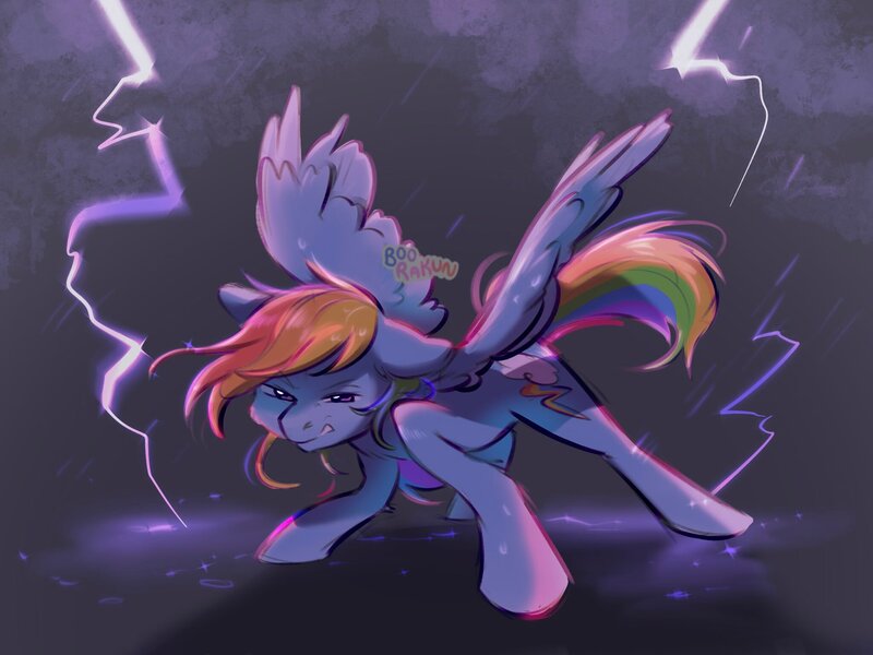 Size: 2048x1536 | Tagged: safe, artist:boorakun, derpibooru import, rainbow dash, pegasus, pony, female, image, jpeg, lightning, mare, solo, spread wings, wings