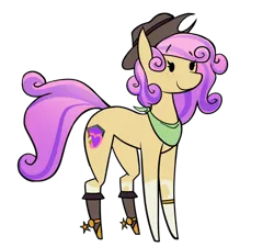 Size: 668x601 | Tagged: safe, artist:fenixdust, derpibooru import, oc, oc:quickdraw, earth pony, boots, clothes, coat markings, cowboy hat, curly hair, freckles, hat, hoof ring, image, png, purple hair, scarf, shoes, socks (coat marking), solo, spurs, yellow coat
