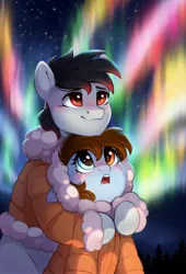 Size: 2444x3598 | Tagged: safe, artist:melodylibris, derpibooru import, oc, unofficial characters only, earth pony, pony, aurora borealis, clothes, duo, female, heterochromia, image, jacket, jpeg, looking up, male, mare, open mouth, outdoors, sky, smiling, stallion