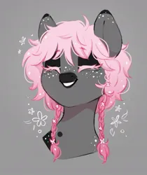 Size: 856x1020 | Tagged: safe, artist:melodylibris, derpibooru import, oc, unofficial characters only, earth pony, pony, braid, braided pigtails, bust, dark muzzle, eyes closed, facial markings, female, freckles, gray background, grin, image, jpeg, mare, pigtails, simple background, smiling, solo