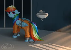 Size: 2039x1447 | Tagged: safe, artist:nuumia, derpibooru import, bound wings, chained, chains, clothes, cuffs, image, jail, never doubt rainbowdash69's involvement, png, prison, prison outfit, prisoner, prisoner rd, shackles, wings