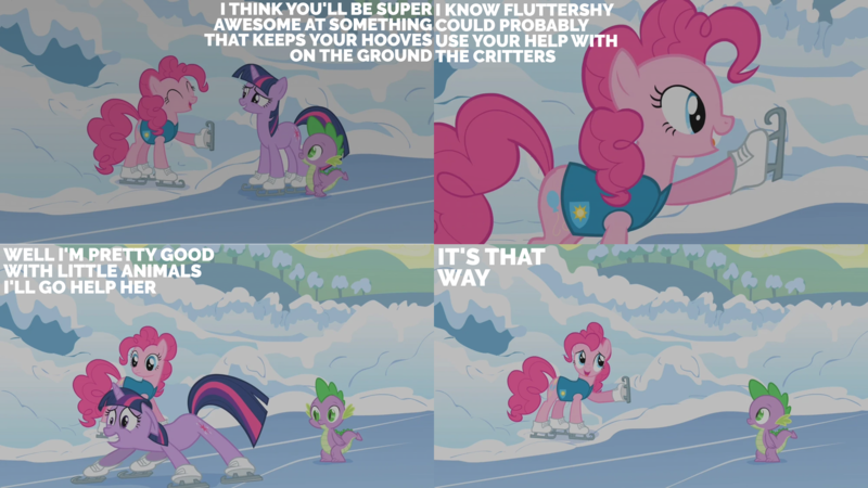 Size: 2000x1125 | Tagged: safe, derpibooru import, edit, edited screencap, editor:quoterific, screencap, pinkie pie, spike, twilight sparkle, unicorn, season 1, winter wrap up, ice, ice skates, image, png, skates, snow, unicorn twilight