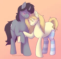 Size: 3762x3647 | Tagged: safe, artist:rocketfrommars, derpibooru import, oc, oc:ragimuffin, oc:restless rigor, earth pony, pony, unicorn, clothes, duo, gay, image, male, png, socks, stallion