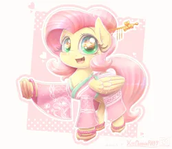 Size: 2730x2358 | Tagged: safe, artist:phoenixrk49, derpibooru import, fluttershy, pegasus, pony, female, high res, image, mare, open mouth, open smile, passepartout, png, raised hoof, smiling, solo, yukata