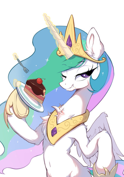 Size: 1535x2185 | Tagged: safe, artist:starbow, derpibooru import, part of a set, princess celestia, alicorn, pony, belly, belly button, bipedal, cake, chest fluff, crown, cute, cutelestia, ear fluff, eyebrows, eyebrows visible through hair, female, fluffy, food, fork, glow, glowing horn, hoof shoes, horn, image, jewelry, jpeg, levitation, lidded eyes, looking at you, magic, magic aura, mare, one eye closed, peytral, plate, princess shoes, regalia, simple background, solo, spread wings, telekinesis, white background, wings