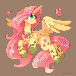 Size: 2000x2000 | Tagged: safe, artist:skysorbett, derpibooru import, fluttershy, alicorn, butterfly, insect, pony, alicornified, female, flower, flower in hair, fluttercorn, flying, hoof shoes, horn, image, jewelry, jpeg, mare, necklace, peytral, princess shoes, race swap, simple background, solo, wings
