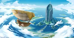 Size: 3100x1600 | Tagged: safe, artist:emeraldgalaxy, derpibooru import, my little pony: the movie, airship, celaeno's airship, cloud, high res, image, jpeg, mount aris, no pony, ocean, pirate ship, scenery, signature, sky, water