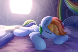 Size: 2400x1600 | Tagged: safe, artist:emeraldgalaxy, derpibooru import, rainbow dash, pegasus, pony, bed, bedroom, cute, dashabetes, eyebrows, eyes closed, female, folded wings, image, indoors, jpeg, lying down, mare, old art, on bed, pillow, signature, sleeping, smiling, solo, wings