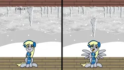 Size: 1920x1080 | Tagged: safe, artist:platinumdrop, derpibooru import, derpy hooves, pegasus, pony, 2 panel comic, accident, clothes, comic, commission, earmuffs, female, icicle, image, imminent death, looking up, mare, onomatopoeia, open mouth, patio, png, scarf, sitting, smiling, snow, snowfall, solo, sound effects, spread wings, this will end in death, tongue out, too dumb to live, wings, winter