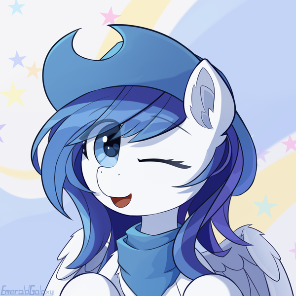 Size: 2000x2000 | Tagged: safe, artist:emeraldgalaxy, derpibooru import, oc, unofficial characters only, pegasus, pony, 2021, bust, commission, ear fluff, eye clipping through hair, eyebrows, eyebrows visible through hair, hat, high res, image, looking at you, old art, one eye closed, open mouth, open smile, pegasus oc, png, signature, smiling, smiling at you, solo, wings, wink, winking at you