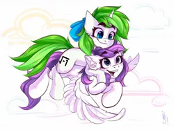 Size: 1600x1200 | Tagged: safe, artist:falafeljake, derpibooru import, oc, oc:minty root, oc:snow kicker, unofficial characters only, pegasus, pony, unicorn, blushing, cute, duo, ear fluff, eyebrows, eyebrows visible through hair, female, horn, image, jpeg, leg fluff, mare, ocbetes, open mouth, open smile, pegasus oc, siblings, signature, sisters, smiling, spread wings, unicorn oc, wings