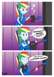 Size: 2480x3508 | Tagged: safe, artist:drewskydraws, derpibooru import, rainbow dash, human, equestria girls, clothes, comic, dialogue, english, guitar, high res, image, jpeg, musical instrument, sabaton, shirt, solo, stage, t-shirt, text