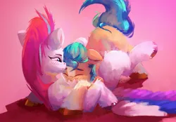 Size: 2473x1724 | Tagged: safe, artist:itssim, derpibooru import, hitch trailblazer, zipp storm, earth pony, pegasus, pony, g5, affection, blushing, duo, duo male and female, female, fluffy, hitchzipp, image, jpeg, looking at someone, male, mare, shipping, smiling, snuggling, spread wings, stallion, straight, wings