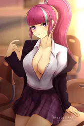 Size: 1920x2878 | Tagged: suggestive, artist:sleepycake, derpibooru import, sour sweet, equestria girls, breasts, classroom, cleavage, clothes, desk, female, hairclip, image, looking at you, no nose, off shoulder, png, school uniform, sitting, solo, solo female, student