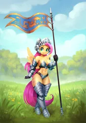 Size: 1400x2000 | Tagged: suggestive, artist:asimos, derpibooru import, fluttershy, anthro, pegasus, pony, armor, battle bikini, belly button, breasts, busty fluttershy, cleavage, female, helmet, image, mare, png, solo, solo female, unconvincing armor, wide hips