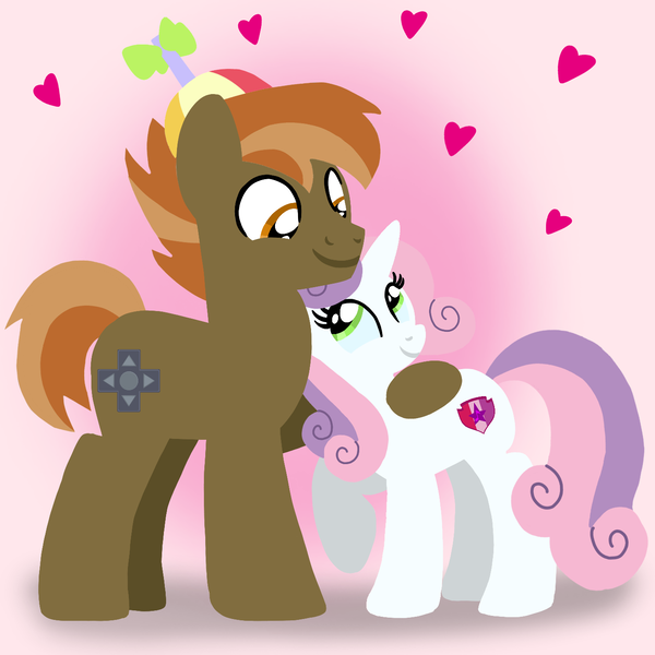 Size: 1400x1400 | Tagged: safe, artist:mlplary6, derpibooru import, button mash, sweetie belle, earth pony, pony, unicorn, boyfriend and girlfriend, female, hat, heart, image, looking at each other, looking at someone, love, male, mare, older, older button mash, older sweetie belle, png, shipping, smiling, smiling at each other, stallion, straight, sweetiemash