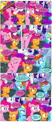 Size: 868x2046 | Tagged: safe, artist:dziadek1990, derpibooru import, edit, edited screencap, screencap, pinkie pie, rainbow dash, rarity, scootaloo, the washouts (episode), comic, confetti, conversation, dialogue, image, pinkie being pinkie, png, screencap comic, sleeping, text