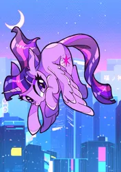 Size: 1448x2048 | Tagged: safe, artist:stacy_165cut, derpibooru import, twilight sparkle, twilight sparkle (alicorn), alicorn, pony, city, cityscape, crescent moon, female, image, jpeg, mare, moon, solo