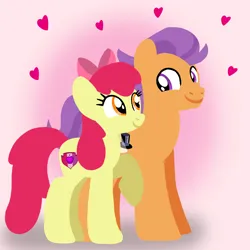 Size: 1400x1400 | Tagged: safe, artist:mlplary6, derpibooru import, apple bloom, tender taps, earth pony, pony, bow, boyfriend and girlfriend, female, hair bow, heart, image, looking at each other, looking at someone, love, male, mare, older, older apple bloom, older tender taps, png, shipping, smiling, smiling at each other, stallion, straight, tenderbloom