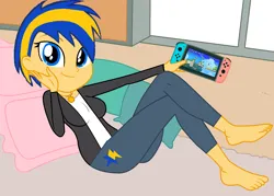 Size: 2008x1436 | Tagged: safe, artist:mlpfan3991, derpibooru import, oc, oc:flare spark, unofficial characters only, equestria girls, clothes, cutie mark, cutie mark on clothes, denim, female, image, jeans, jewelry, looking at you, lying down, necklace, nintendo, nintendo switch, pants, png, smiling, solo, super mario bros., video game