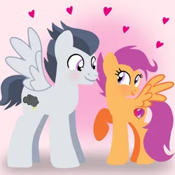 Size: 1400x1400 | Tagged: safe, artist:mlplary6, derpibooru import, rumble, scootaloo, pegasus, pony, blushing, boyfriend and girlfriend, female, heart, image, looking at each other, looking at someone, love, male, mare, older, older rumble, older scootaloo, png, rumbloo, shipping, smiling, smiling at each other, stallion, straight