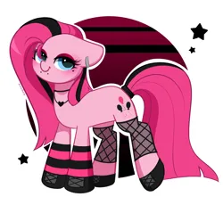 Size: 2756x2532 | Tagged: safe, artist:kittyrosie, derpibooru import, part of a set, pinkie pie, earth pony, pony, abstract background, clothes, ear piercing, earring, goth, image, jewelry, looking at you, makeup, piercing, png, shoes, simple background, socks, striped socks