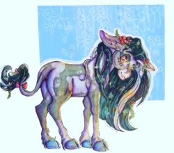 Size: 4128x3630 | Tagged: safe, artist:pegasus004, derpibooru import, oc, unofficial characters only, earth pony, pony, bow, cloven hooves, floppy ears, flower, flower in hair, image, leonine tail, markings, png, solo, tail, traditional art