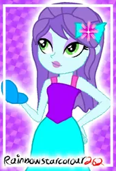 Size: 512x754 | Tagged: safe, artist:rainbowstarcolour262, ponerpics import, crystal lullaby, background human, bow, clothes, compact mirror, cute, eyeshadow, green eyes, hair bow, image, jpeg, lipstick, makeup, skirt, solo