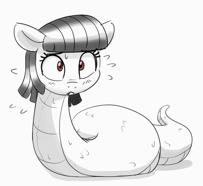 Size: 3119x2862 | Tagged: safe, artist:pabbley, derpibooru import, oc, oc:tija, unofficial characters only, original species, pony, snake, snake pony, :<, black and white, blushing, emanata, female, grayscale, image, jpeg, mare, monochrome, partial color, plewds, simple background, solo, sweat, sweatdrops, white background