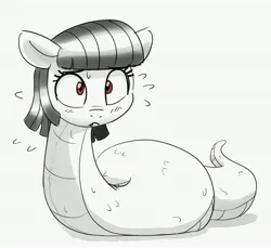 Size: 3119x2862 | Tagged: safe, artist:pabbley, derpibooru import, oc, oc:tija, unofficial characters only, original species, pony, snake, snake pony, :<, black and white, blushing, emanata, female, grayscale, image, jpeg, mare, monochrome, partial color, plewds, simple background, solo, sweat, sweatdrops, white background