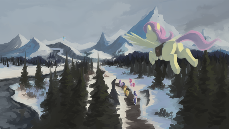 Size: 4000x2250 | Tagged: safe, artist:marsminer, derpibooru import, applejack, fluttershy, pinkie pie, rainbow dash, rarity, twilight sparkle, twilight sparkle (alicorn), alicorn, earth pony, pegasus, pony, unicorn, bag, butt, cloud, facing away, female, flying, forest, image, mane six, mare, mountain, mountain range, plot, png, river, saddle bag, scenery, snow, tree, walking, water, winter