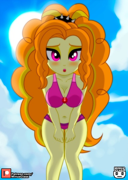 Size: 1071x1500 | Tagged: safe, artist:minusclass, derpibooru import, part of a set, adagio dazzle, human, equestria girls, belly, belly button, bikini, bikini bottom, bikini top, blushing, breasts, busty adagio dazzle, cleavage, clothes, cloud, collarbone, cute, dazzlebetes, eyeshadow, female, gem, image, jpeg, legs, makeup, midriff, open mouth, outdoors, patreon, patreon logo, siren gem, sky, solo, solo female, stupid sexy adagio dazzle, sun, swimsuit