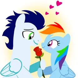 Size: 1400x1400 | Tagged: safe, artist:mlplary6, derpibooru import, rainbow dash, soarin', pegasus, pony, blushing, boyfriend and girlfriend, female, flower, heart, image, looking at each other, looking at someone, love, male, mare, png, rose, shipping, smiling, smiling at each other, soarindash, stallion, straight