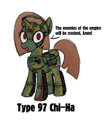 Size: 1338x1550 | Tagged: safe, artist:superderpybot, ponerpics import, oc, ponified, unofficial characters only, original species, pony, tank pony, chi-ha, image, looking at you, png, ponified vehicle, simple background, sketch, talking to viewer, type 97