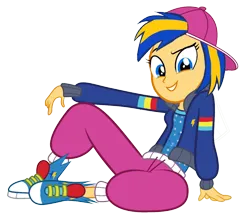 Size: 1316x1143 | Tagged: safe, artist:mlpfan3991, derpibooru import, oc, oc:flare spark, unofficial characters only, dance magic, equestria girls, spoiler:eqg specials, backwards ballcap, baseball cap, cap, clothes, converse, cutie mark, cutie mark on clothes, female, hat, hoodie, image, pants, png, rapper, rapper dash, shirt, shoes, simple background, smiling, solo, tomboy, transparent background