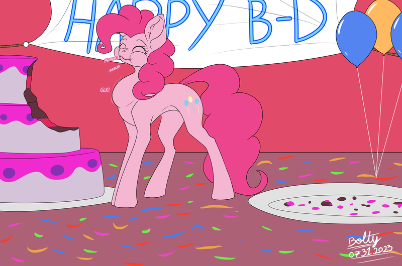 Size: 7662x5080 | Tagged: safe, artist:lightning bolty, derpibooru import, pinkie pie, earth pony, pony, absurd resolution, balloon, banner, big ears, birthday, cake, cartoon physics, cheek bulge, chewing, closed mouth, colored, concave belly, confetti, crumbs, date (time), digestion without weight gain, ear fluff, eating, eyebrows, eyelashes, eyes closed, female, flat colors, food, giant food, hammerspace, hammerspace belly, image, indoors, mare, munching, neck bulge, no source available, party, plate, platter, png, signature, slim, smiling, solo, stuffing, swallowing, that pony sure does love cakes, thin, throat bulge, wall of tags