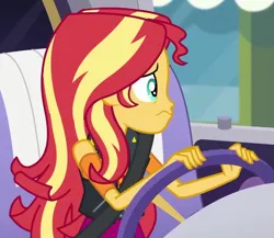 Size: 779x676 | Tagged: safe, derpibooru import, screencap, sunset shimmer, human, driving miss shimmer, equestria girls, equestria girls series, car, car interior, cropped, driving, image, png, solo, steering wheel