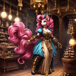 Size: 1024x1024 | Tagged: safe, derpibooru import, machine learning generated, stable diffusion, pinkie pie, anthro, earth pony, ai content, amputee, clothes, derpibooru exclusive, dress, image, png, prompter:professordoctorc, prosthetic arm, prosthetic leg, prosthetic limb, prosthetics, steampunk, victorian