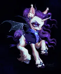 Size: 1695x2048 | Tagged: safe, artist:p0nyplanet, derpibooru import, rarity, alicorn, bat pony, bat pony alicorn, pony, aritst:p0nyplanet, artificial wings, augmented, bat wings, ear piercing, earring, horn, image, jewelry, jpeg, magic, magic wings, piercing, raised hoof, solo, unshorn fetlocks, wings