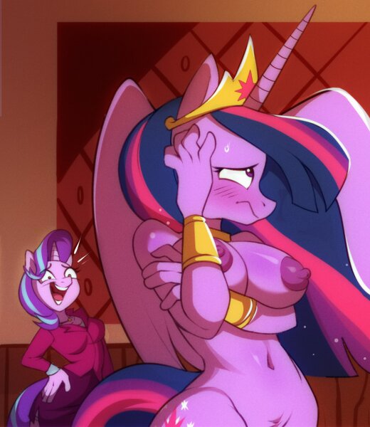 Size: 2064x2381 | Tagged: questionable, alternate version, artist:lummh, artist:wildblur, derpibooru import, starlight glimmer, twilight sparkle, alicorn, anthro, unguligrade anthro, unicorn, comic:friendship with benefits, breasts, image, jpeg, nipples, nudity