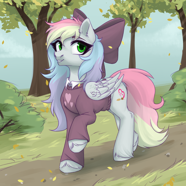 Size: 3000x3000 | Tagged: safe, artist:nika-rain, derpibooru import, oc, oc:blazey sketch, unofficial characters only, bow, clothes, forest, green eyes, grey fur, hair bow, image, multicolored hair, png, simple background, smiling, solo, stroll, sweater, tree, walking