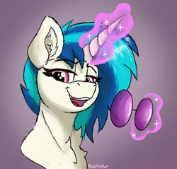 Size: 1693x1616 | Tagged: safe, artist:reddthebat, derpibooru import, vinyl scratch, pony, unicorn, bust, chest fluff, ear fluff, female, glasses off, glow, glowing horn, horn, image, levitation, lidded eyes, looking at you, magic, mare, neck fluff, open mouth, open smile, png, smiling, smiling at you, solo, sternocleidomastoid, sunglasses, telekinesis