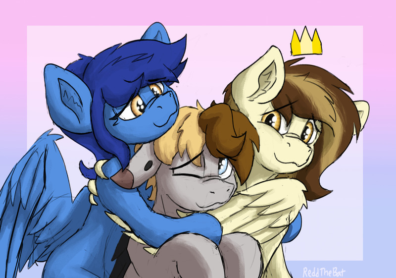 Size: 2891x2029 | Tagged: safe, artist:reddthebat, derpibooru import, oc, oc:prince whateverer, unofficial characters only, pegasus, pony, crown, group hug, hug, image, jewelry, jpeg, lidded eyes, one eye closed, regalia, smiling, trio