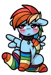 Size: 1137x1659 | Tagged: safe, artist:faerienougat, derpibooru import, rainbow dash, pony, clothes, collar, dog collar, female, filly, filly rainbow dash, floppy ears, foal, image, looking away, png, socks, spread wings, stockings, striped socks, thigh highs, wingboner, wings, younger