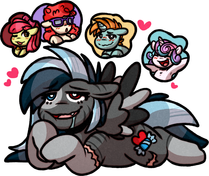 Size: 1931x1626 | Tagged: suggestive, artist:faerienougat, derpibooru import, apple bloom, princess flurry heart, snips, twist, oc, oc:faerie nougat, pegasus, pony, bedroom eyes, colt, daydream, drool, female, filly, foal, futa, heart, heart eyes, image, implied foalcon, implied underage, intersex, male, png, spread wings, wingboner, wingding eyes, wings