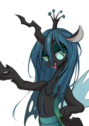 Size: 1535x2185 | Tagged: safe, artist:starbow, derpibooru import, part of a set, queen chrysalis, changeling, changeling queen, belly, bipedal, eyebrows, eyebrows visible through hair, fangs, female, horn, image, jpeg, looking at you, open mouth, simple background, solo, tongue out, white background