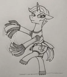 Size: 768x883 | Tagged: safe, artist:jargon scott, derpibooru import, starke kragen, pony, unicorn, bipedal, cheerleader, cheerleader outfit, clothes, female, floppy ears, grayscale, hoof shoes, image, looking at you, mare, monochrome, pencil drawing, png, pom pom, socks, solo, standing, standing on one leg, stockings, thigh highs, traditional art